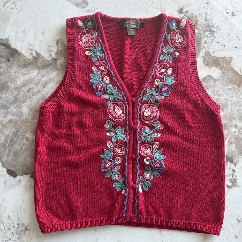 Vintage 90s Eddie Bauer Red Floral Embroidered V‑Neck Sweater Vest